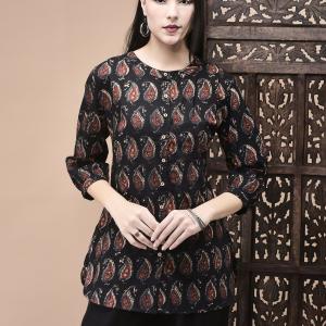Women Cotton Black Jaipur Motifs Print Tunic