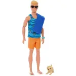 Barbie Poseable Blonde Ken Beach Doll with Surfboard and Pet Puppy & Themed Accessories