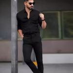 Fatty Mouse Men's Solid Spread Collar Black Shirts